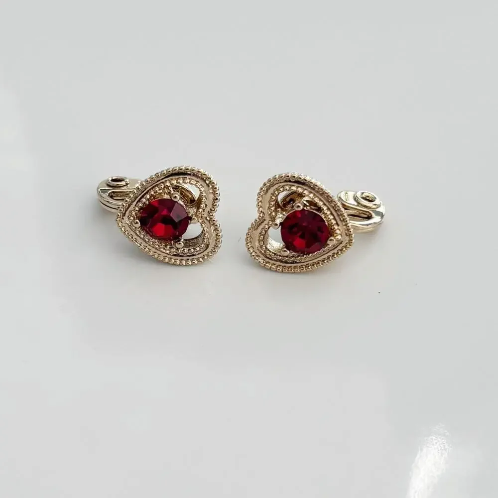 Vintage NWH Rhinestone Heart Clip On Earrings